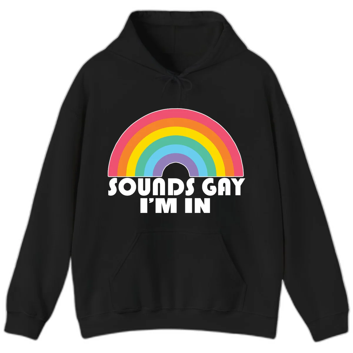 Colorful concentric rainbow arc above white text reading 'Sounds Gay I'm In' on gray background in Black
