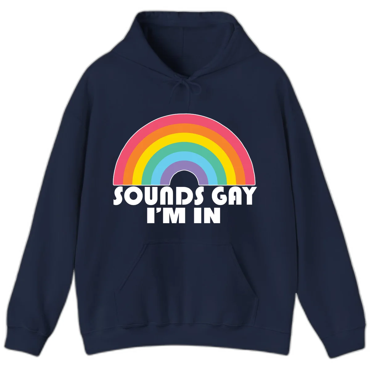 Colorful concentric rainbow arc above white text reading 'Sounds Gay I'm In' on gray background in Navy