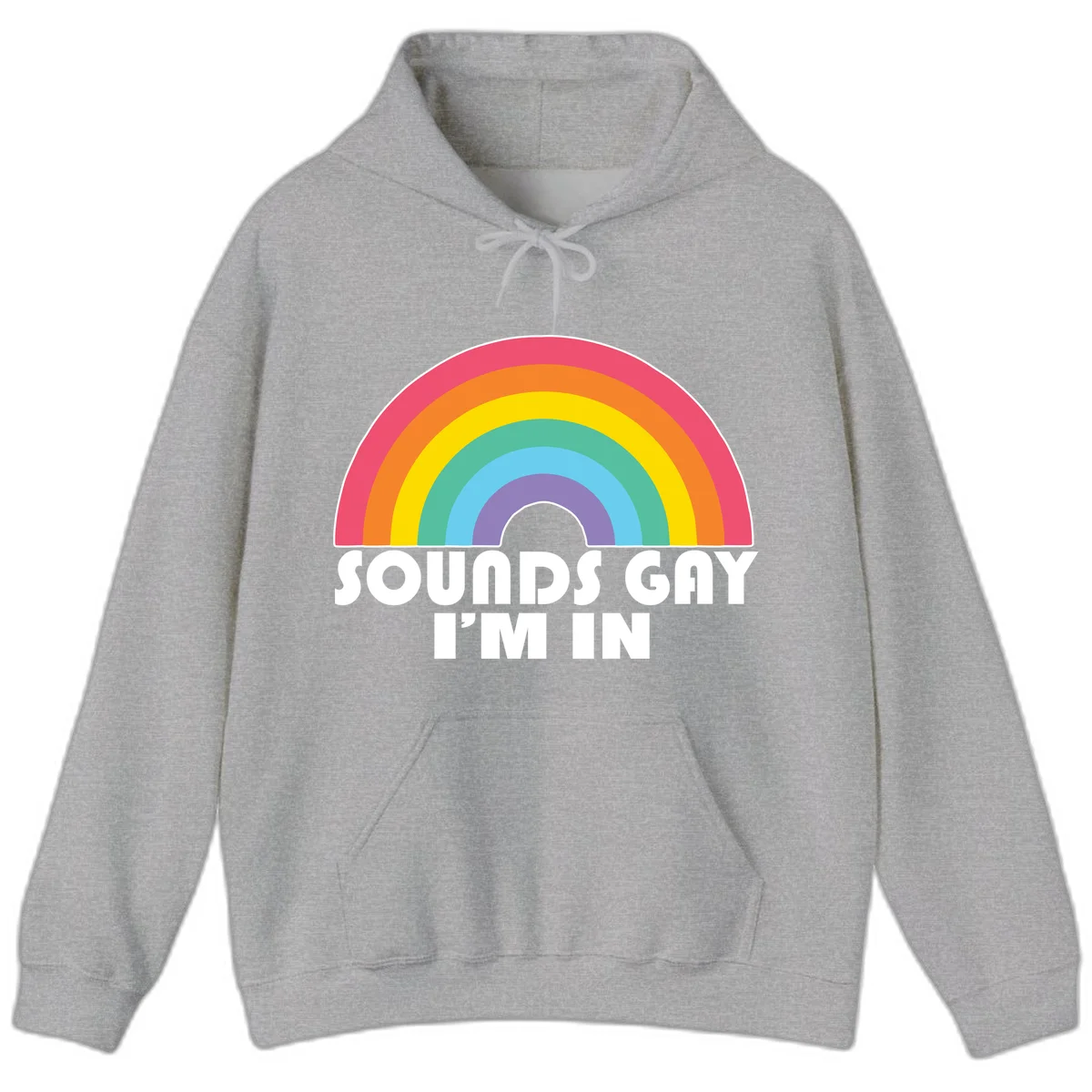 Colorful concentric rainbow arc above white text reading 'Sounds Gay I'm In' on gray background in Sport Grey