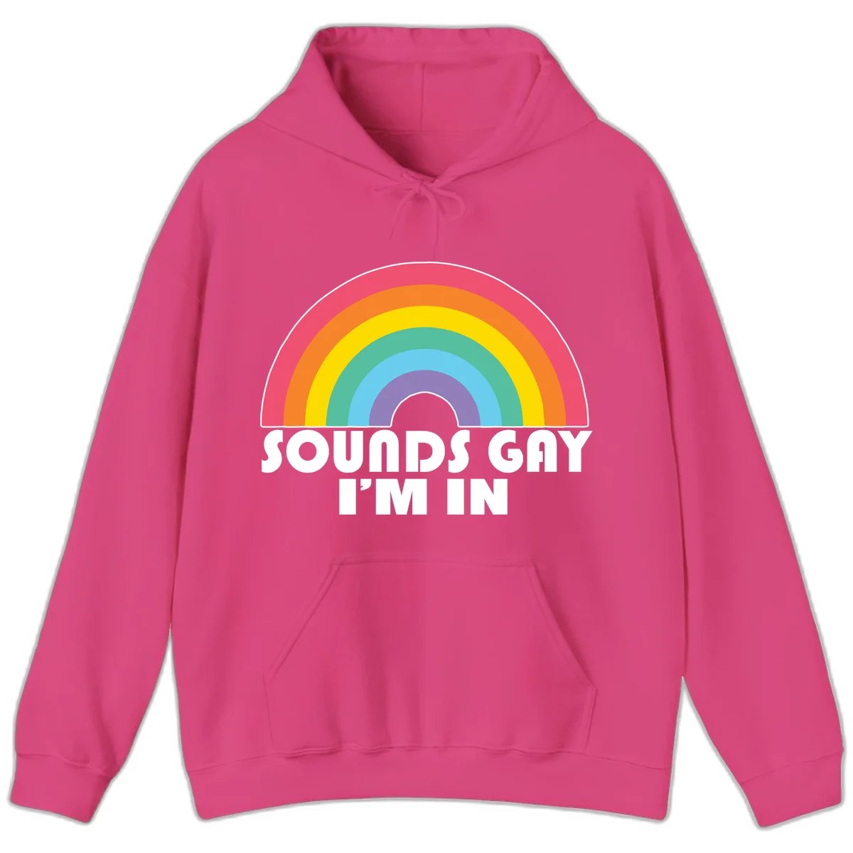 Colorful concentric rainbow arc above white text reading 'Sounds Gay I'm In' on gray background in Heliconia