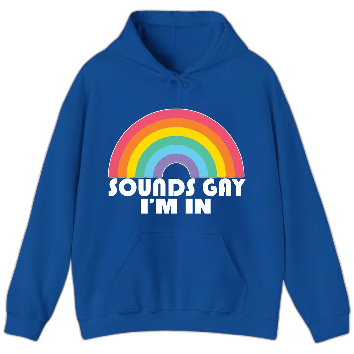 Colorful concentric rainbow arc above white text reading 'Sounds Gay I'm In' on gray background in Royal