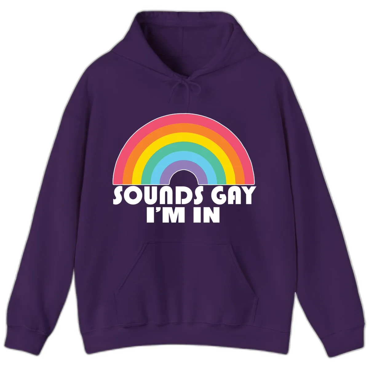 Colorful concentric rainbow arc above white text reading 'Sounds Gay I'm In' on gray background in Purple