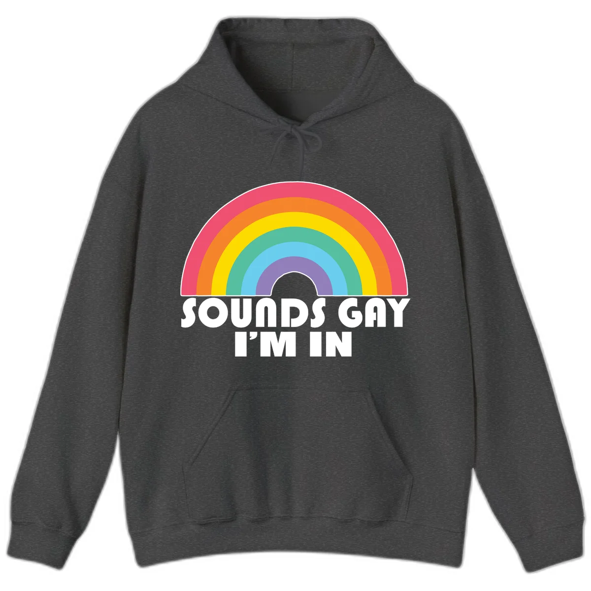 Colorful concentric rainbow arc above white text reading 'Sounds Gay I'm In' on gray background in Dark Heather