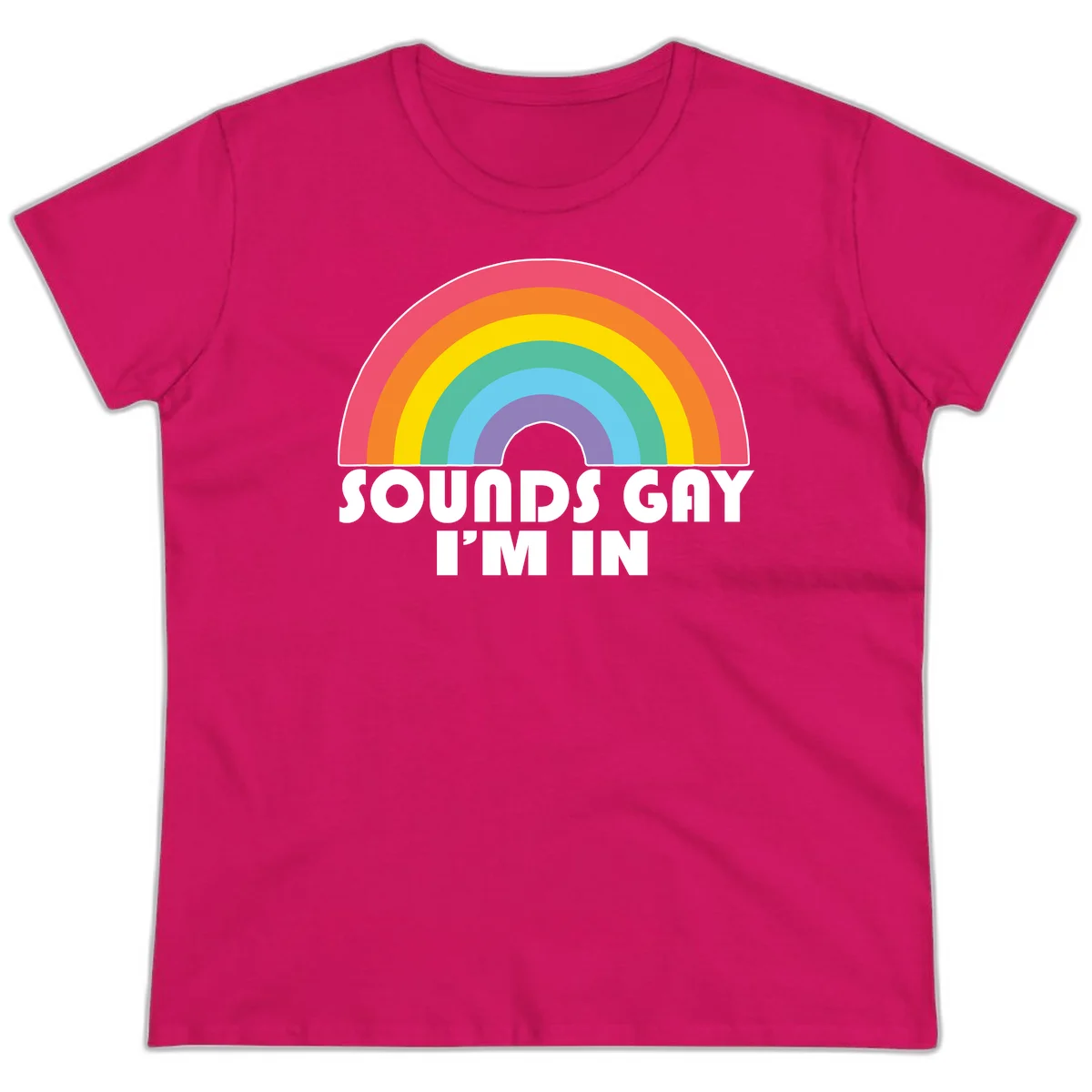 Colorful concentric rainbow arc above white text reading 'Sounds Gay I'm In' on gray background in Heliconia