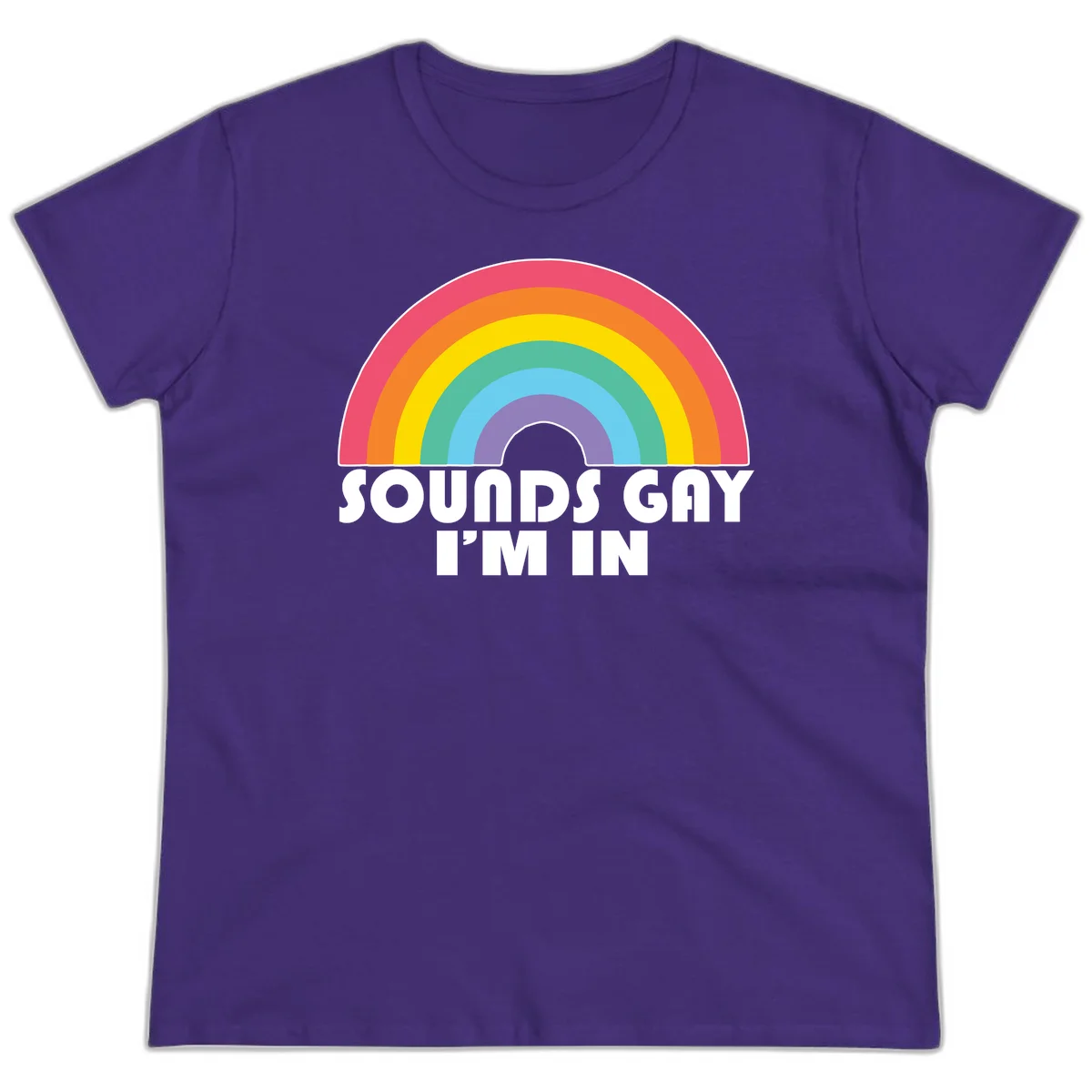 Colorful concentric rainbow arc above white text reading 'Sounds Gay I'm In' on gray background in Purple