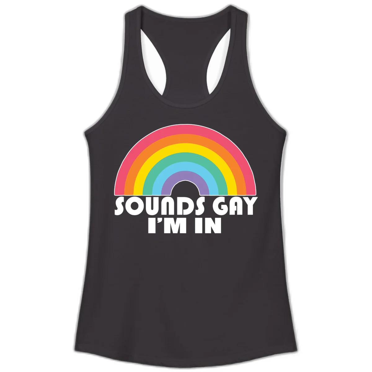 Colorful concentric rainbow arc above white text reading 'Sounds Gay I'm In' on gray background in Black