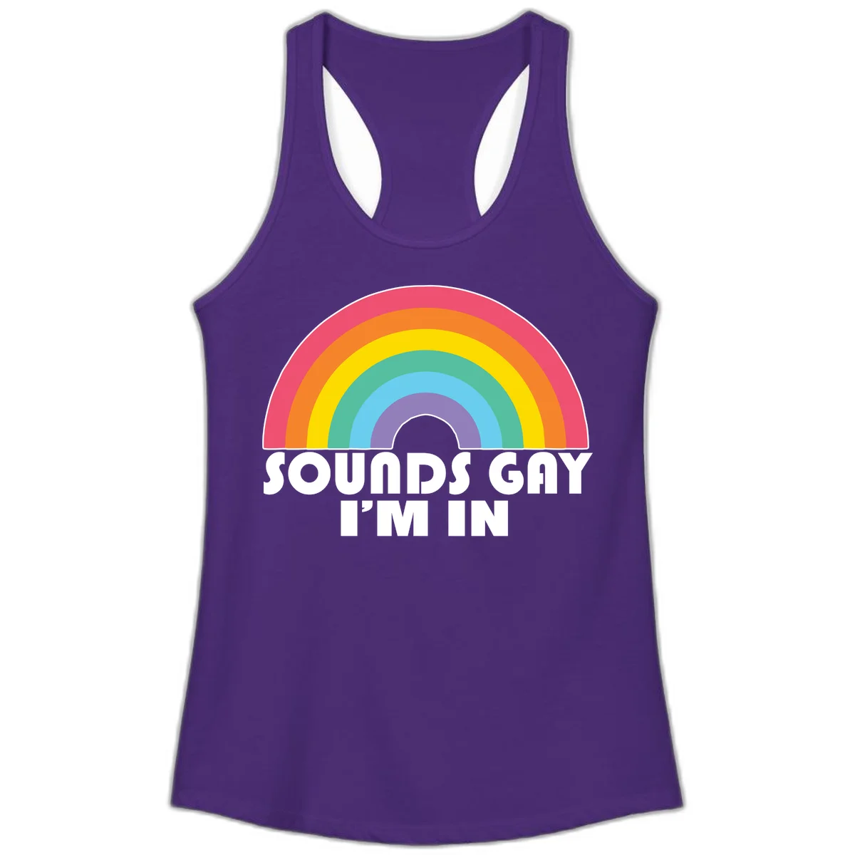 Colorful concentric rainbow arc above white text reading 'Sounds Gay I'm In' on gray background in Solid Purple Rush