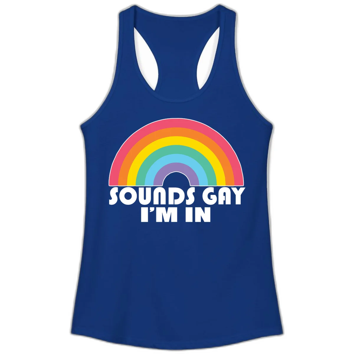 Colorful concentric rainbow arc above white text reading 'Sounds Gay I'm In' on gray background in Solid Royal