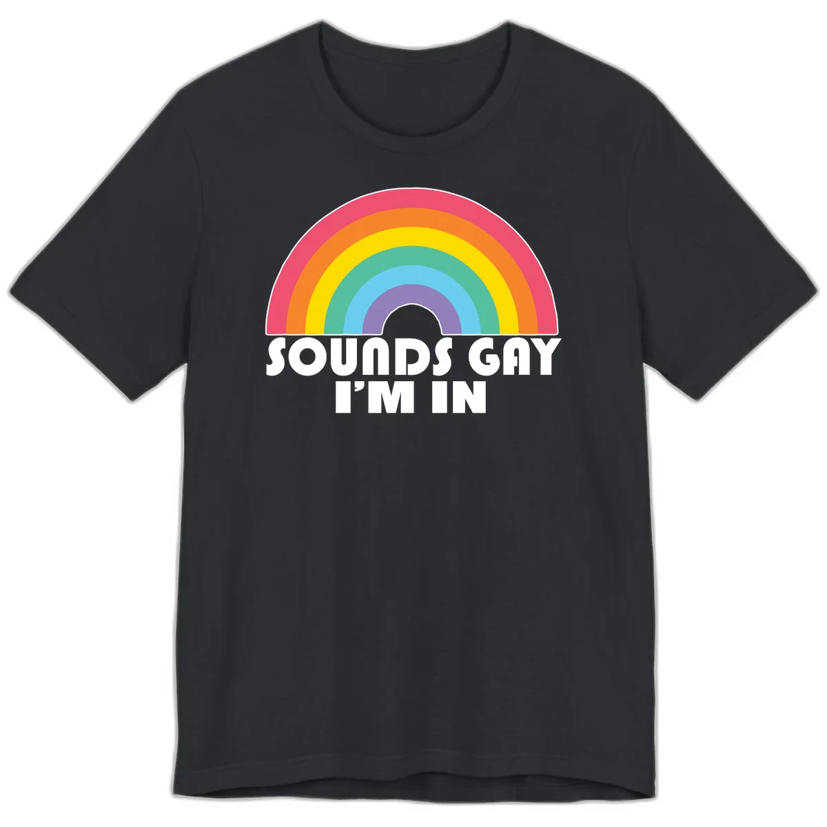 Colorful concentric rainbow arc above white text reading 'Sounds Gay I'm In' on gray background in Vintage Black