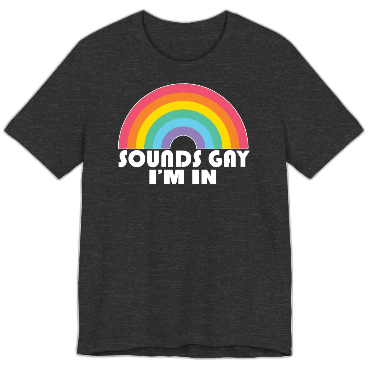 Colorful concentric rainbow arc above white text reading 'Sounds Gay I'm In' on gray background in Dark Grey Heather
