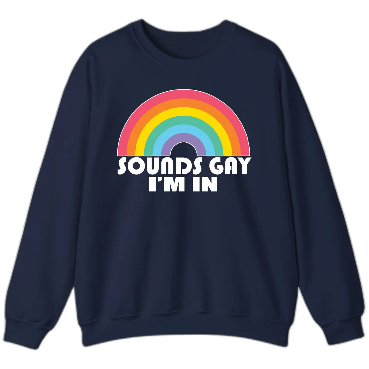 Colorful concentric rainbow arc above white text reading 'Sounds Gay I'm In' on gray background in Navy
