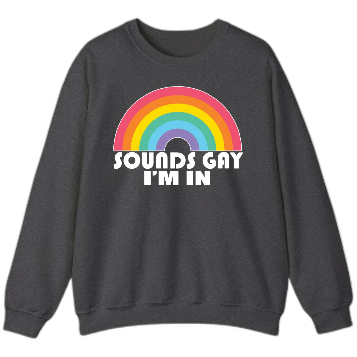 Colorful concentric rainbow arc above white text reading 'Sounds Gay I'm In' on gray background in Dark Heather