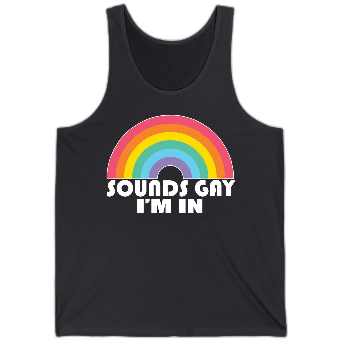 Colorful concentric rainbow arc above white text reading 'Sounds Gay I'm In' on gray background in Dark Grey