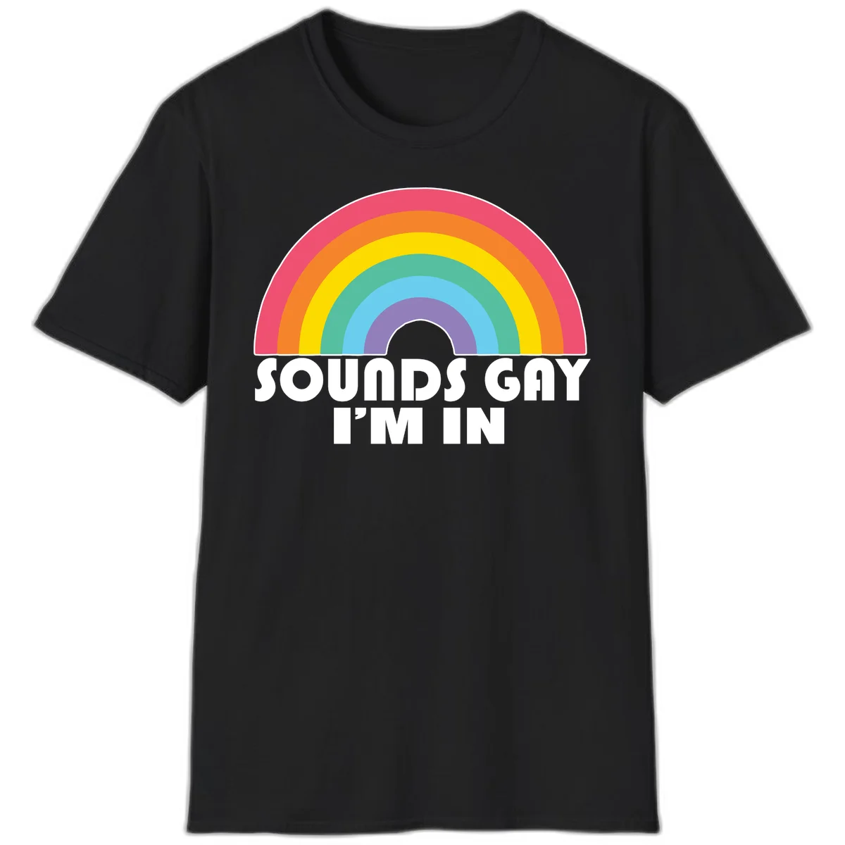 Colorful concentric rainbow arc above white text reading 'Sounds Gay I'm In' on gray background in Black