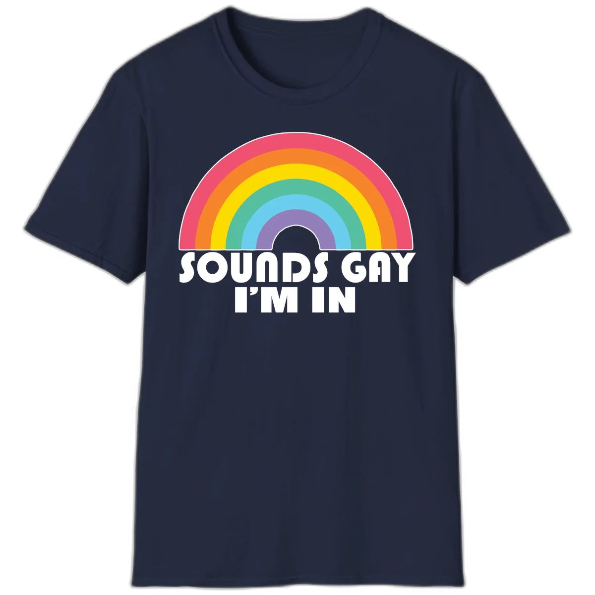 Colorful concentric rainbow arc above white text reading 'Sounds Gay I'm In' on gray background in Navy