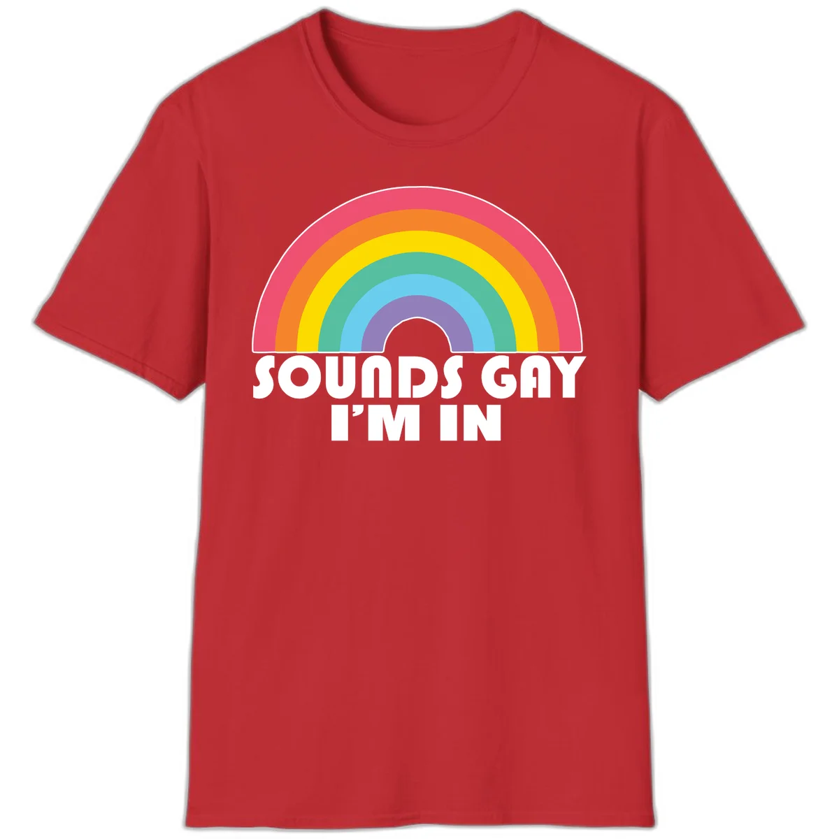 Colorful concentric rainbow arc above white text reading 'Sounds Gay I'm In' on gray background in Red