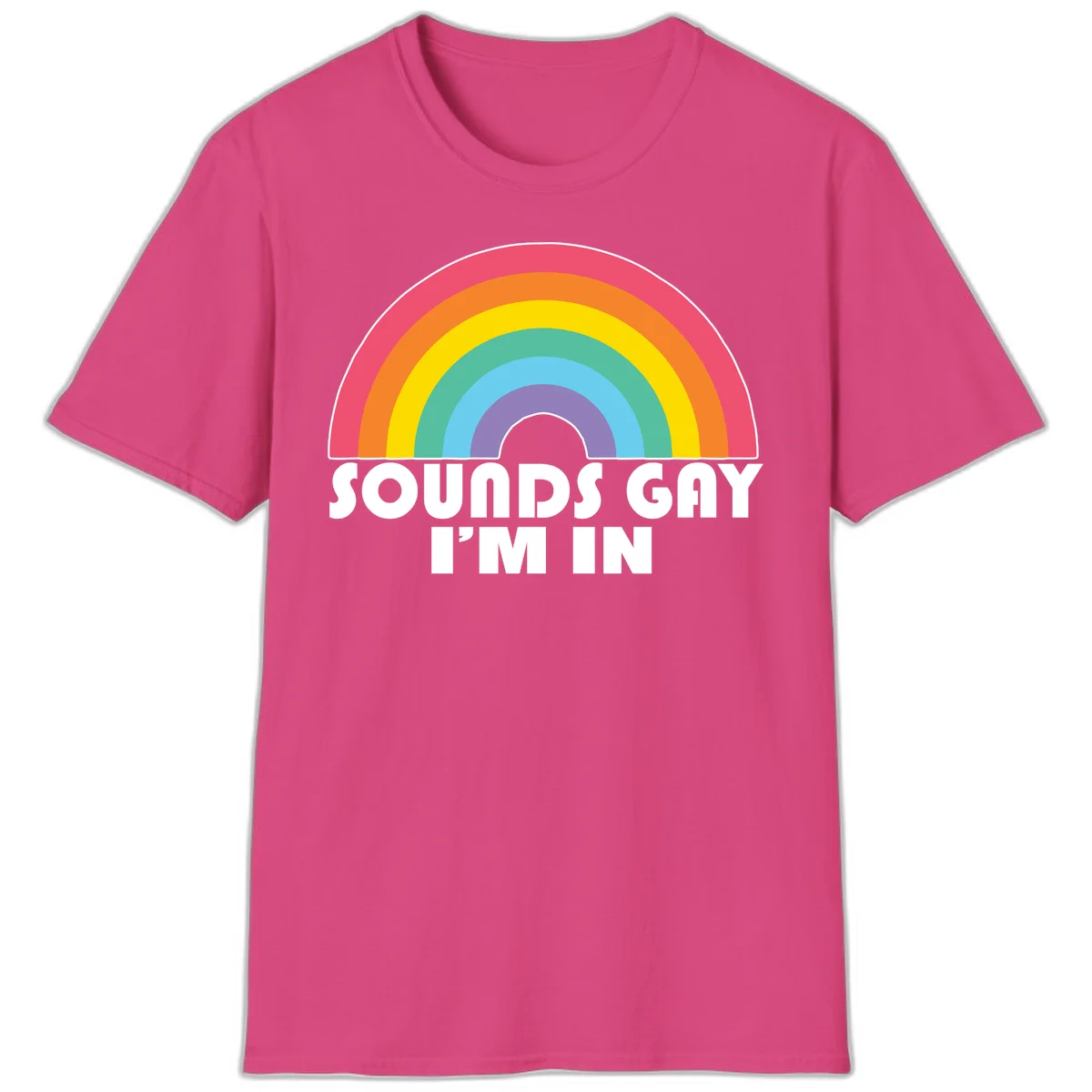 Colorful concentric rainbow arc above white text reading 'Sounds Gay I'm In' on gray background in Heliconia