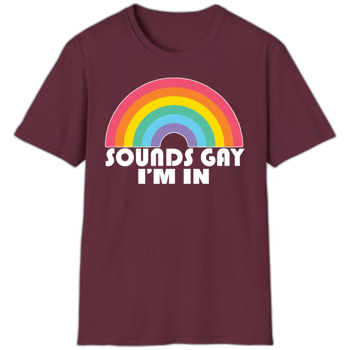 Colorful concentric rainbow arc above white text reading 'Sounds Gay I'm In' on gray background in Maroon