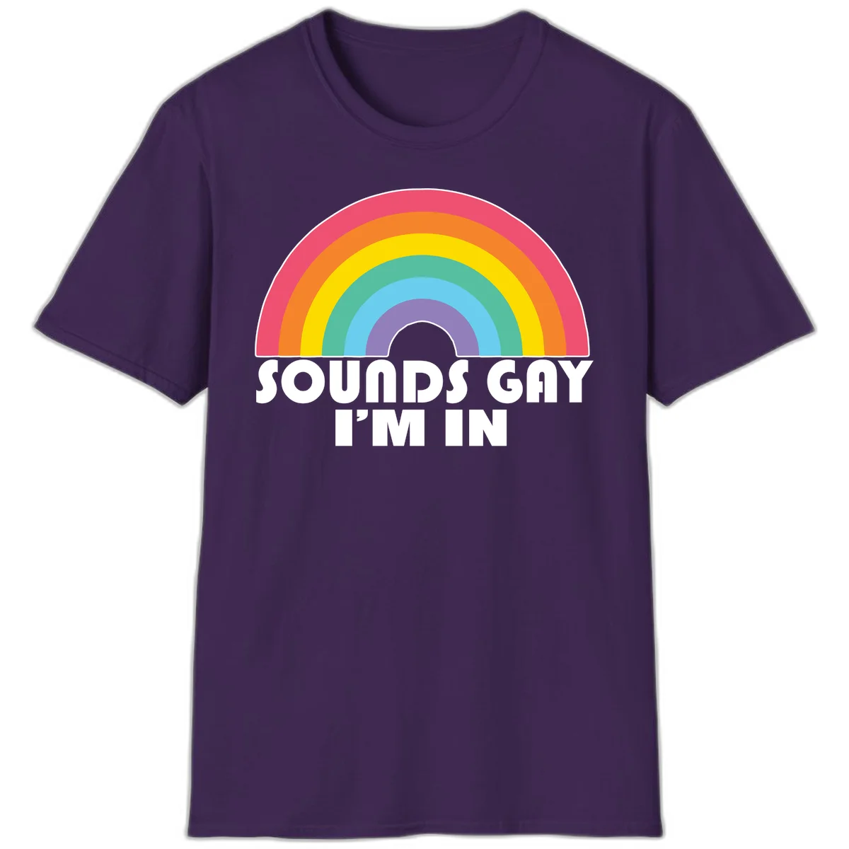 Colorful concentric rainbow arc above white text reading 'Sounds Gay I'm In' on gray background in Purple