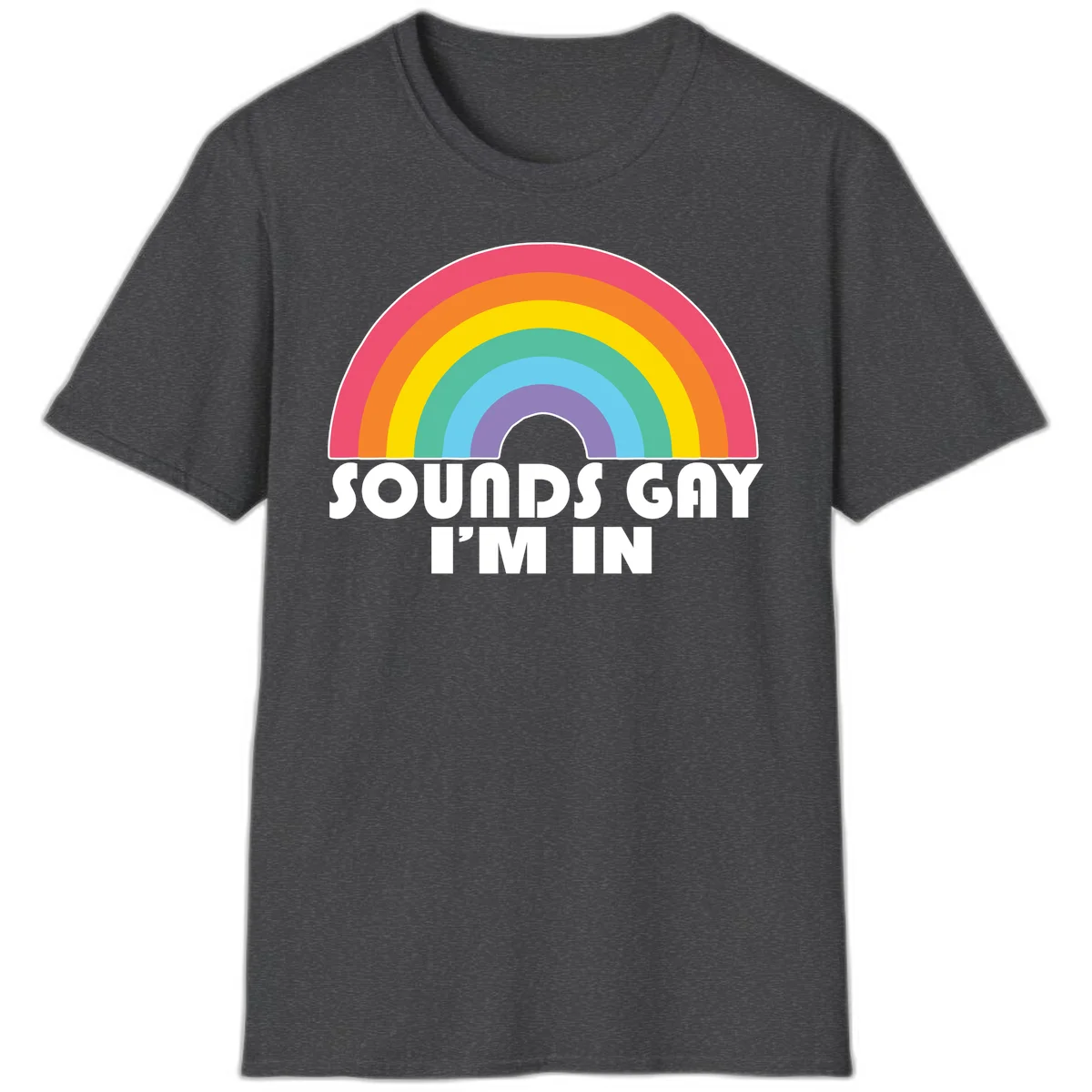 Colorful concentric rainbow arc above white text reading 'Sounds Gay I'm In' on gray background in Dark Heather