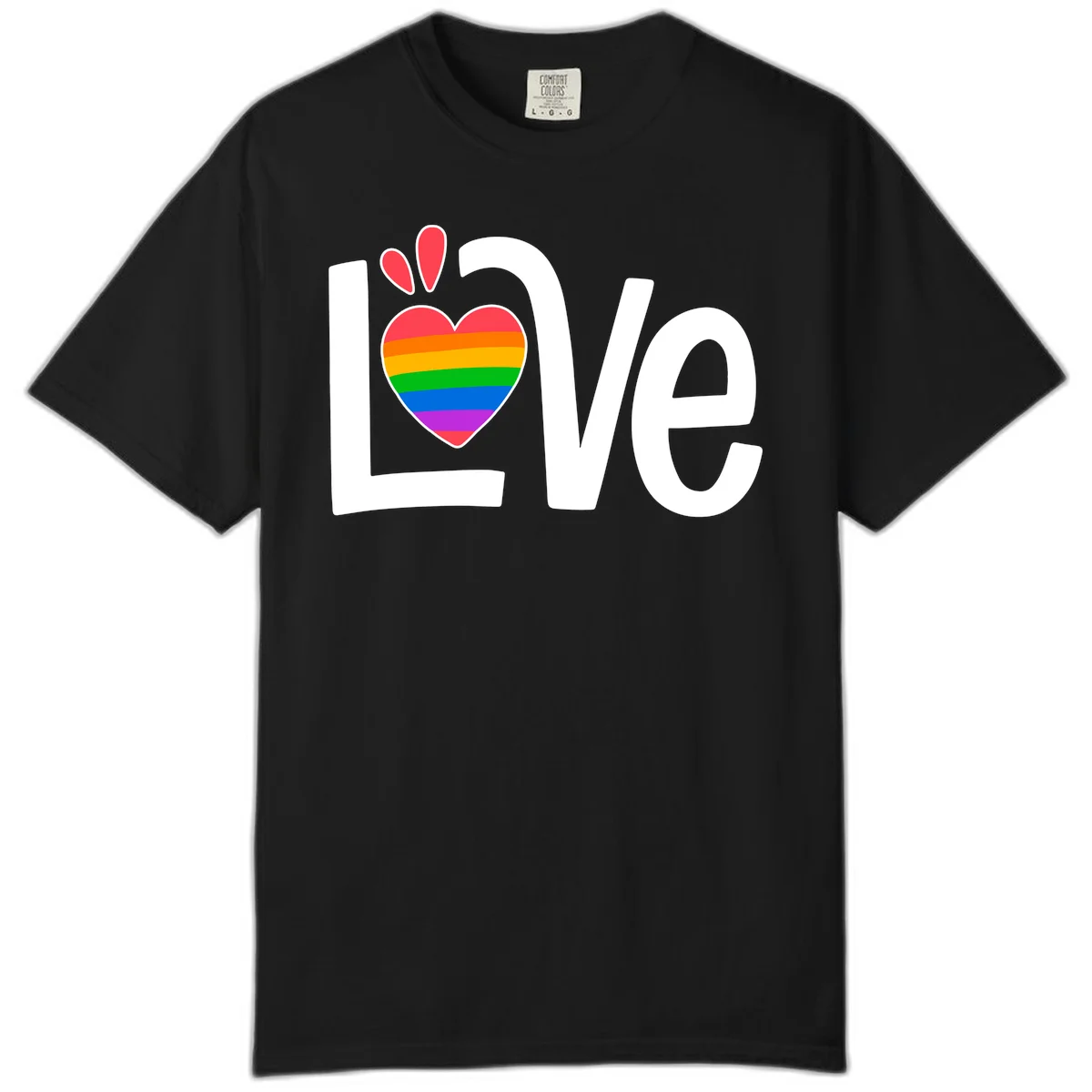 Love pride paw print design with rainbow-striped heart and white lettering on gray background in Black