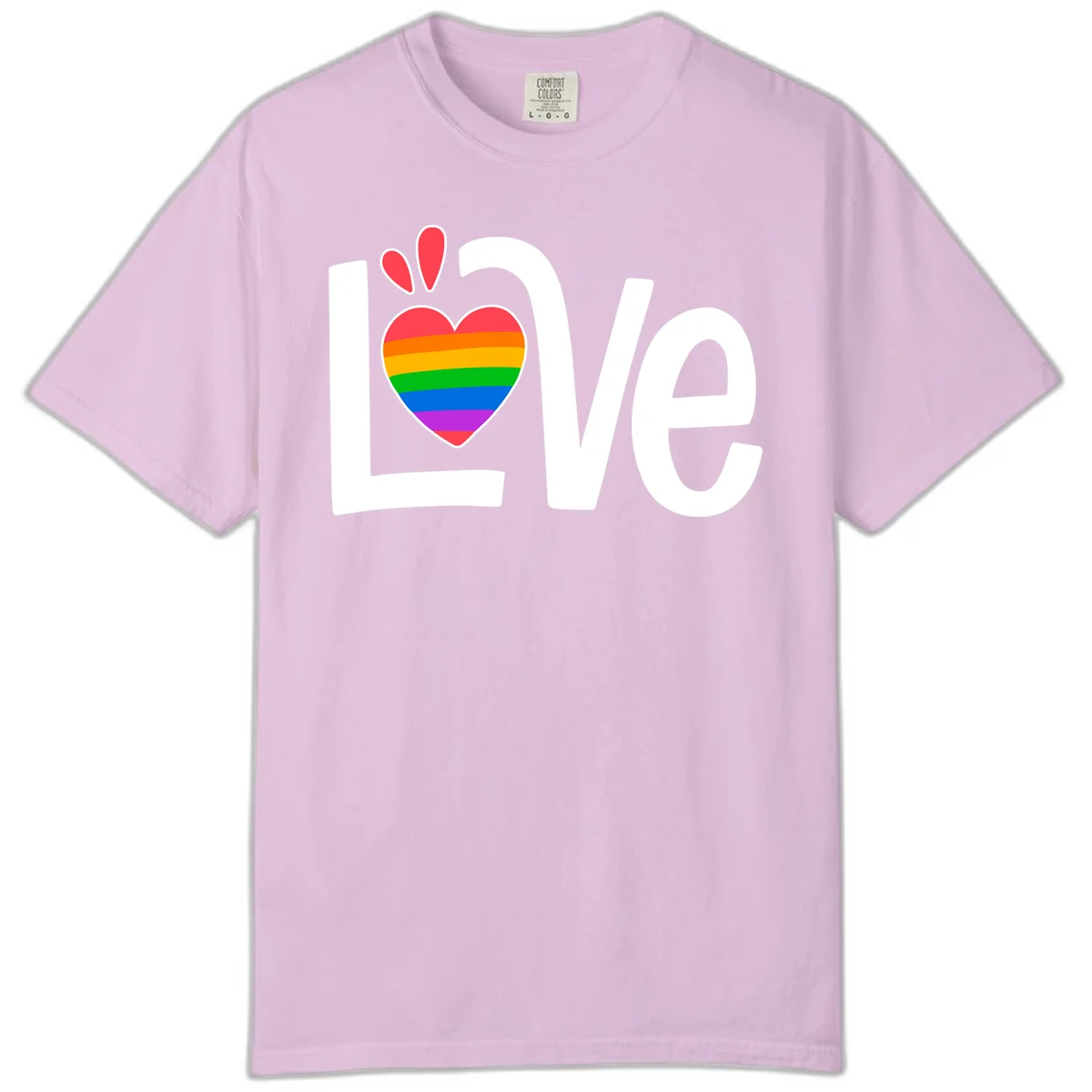 Love pride paw print design with rainbow-striped heart and white lettering on gray background in Orchid