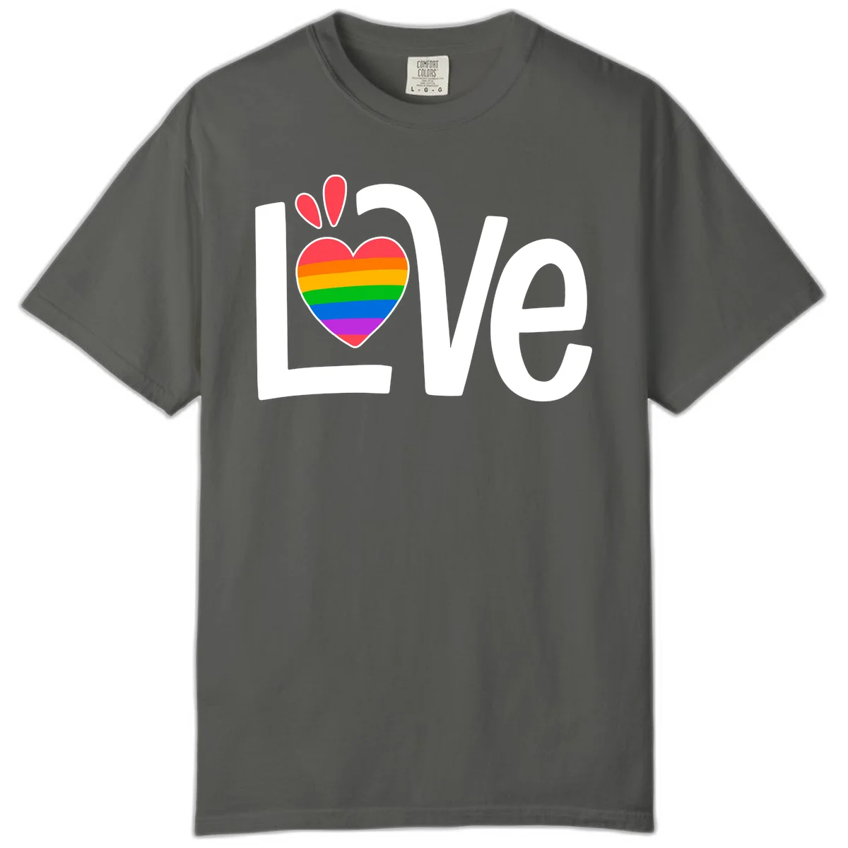 Love pride paw print design with rainbow-striped heart and white lettering on gray background in Pepper