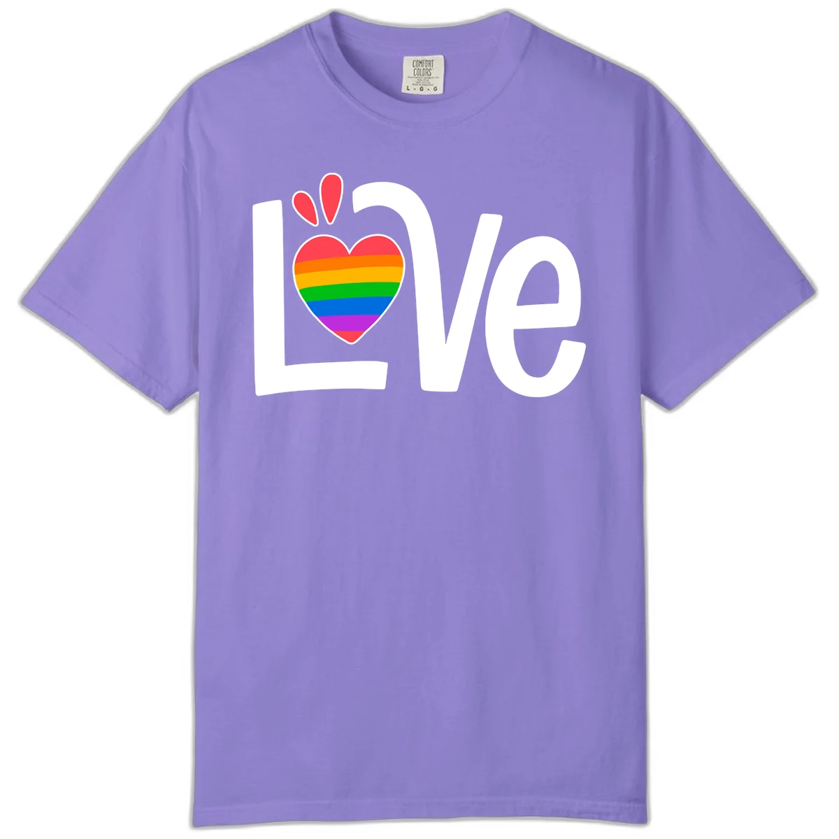 Love pride paw print design with rainbow-striped heart and white lettering on gray background in Violet