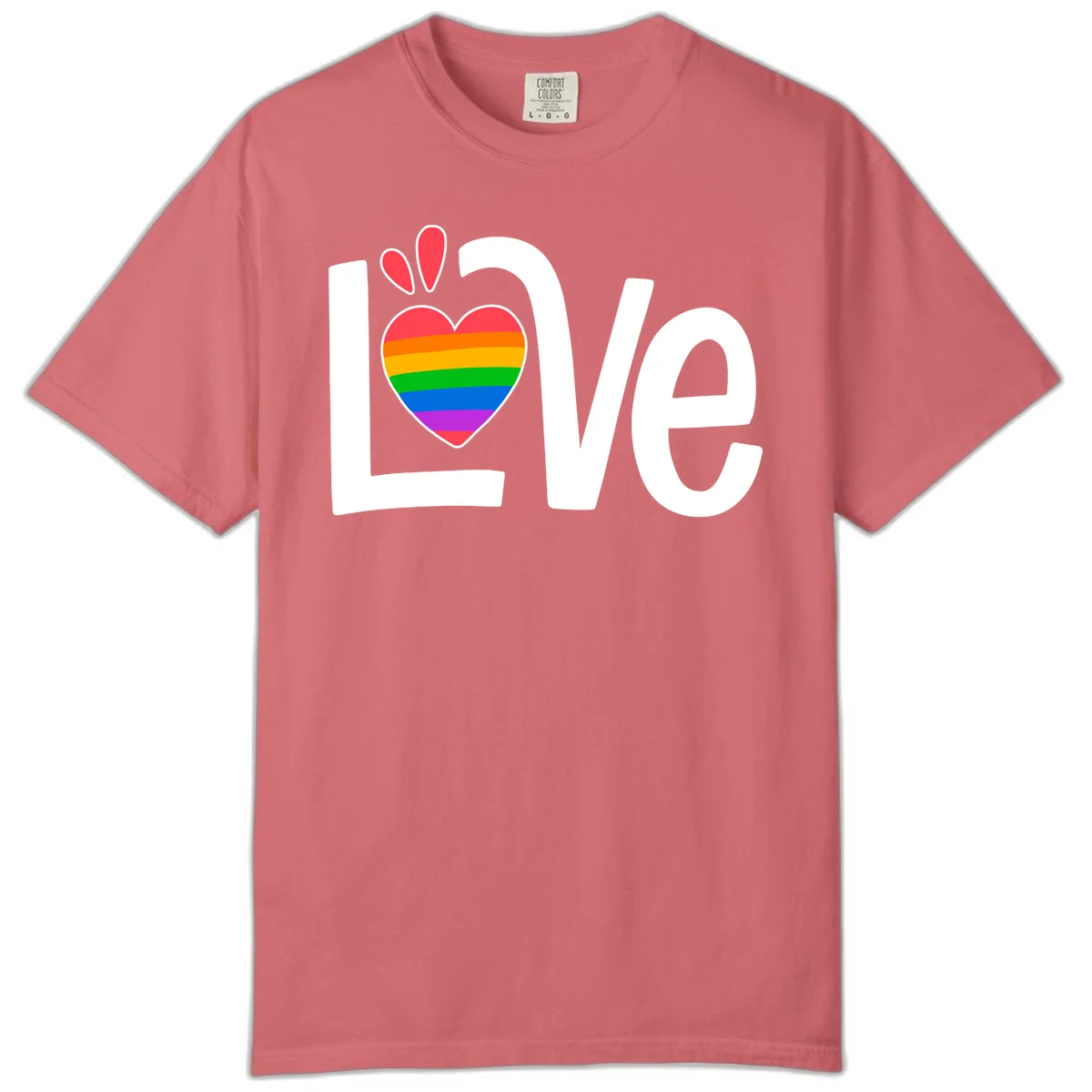 Love pride paw print design with rainbow-striped heart and white lettering on gray background in Watermelon