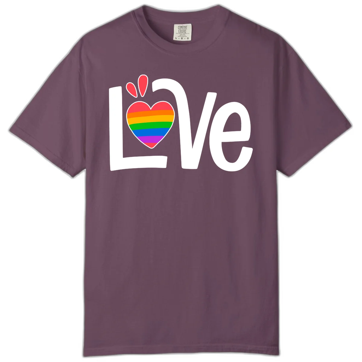 Love pride paw print design with rainbow-striped heart and white lettering on gray background in Berry