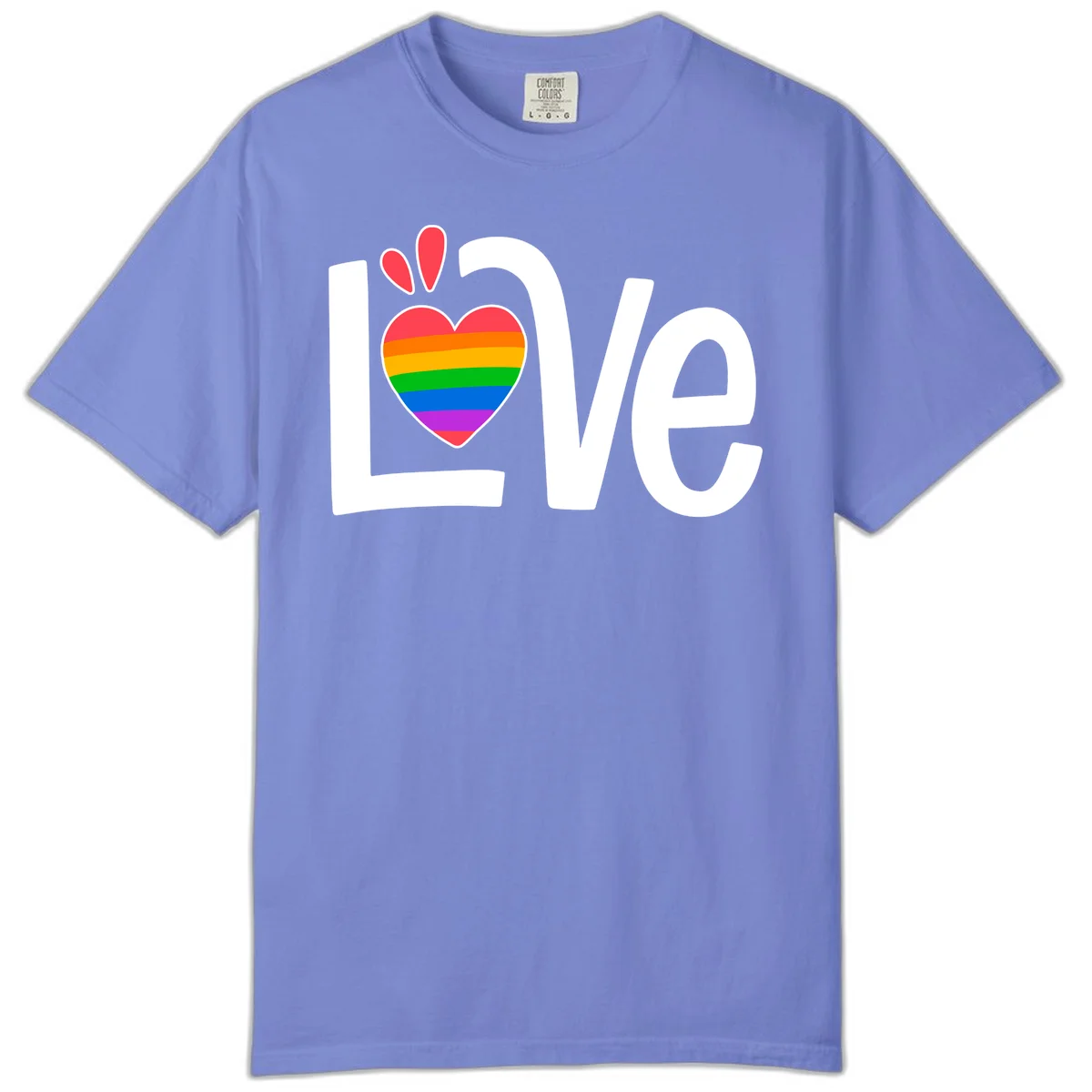 Love pride paw print design with rainbow-striped heart and white lettering on gray background in Flo Blue