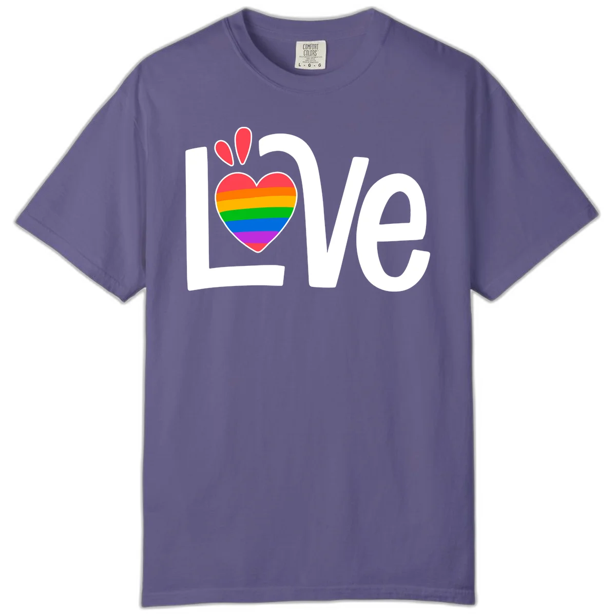 Love pride paw print design with rainbow-striped heart and white lettering on gray background in Grape
