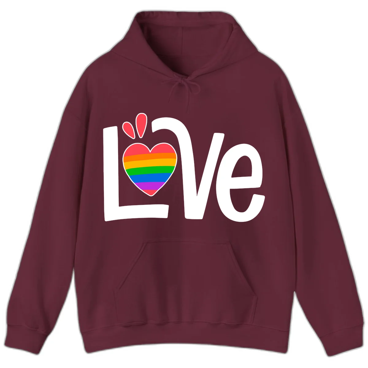Love pride paw print design with rainbow-striped heart and white lettering on gray background in Maroon