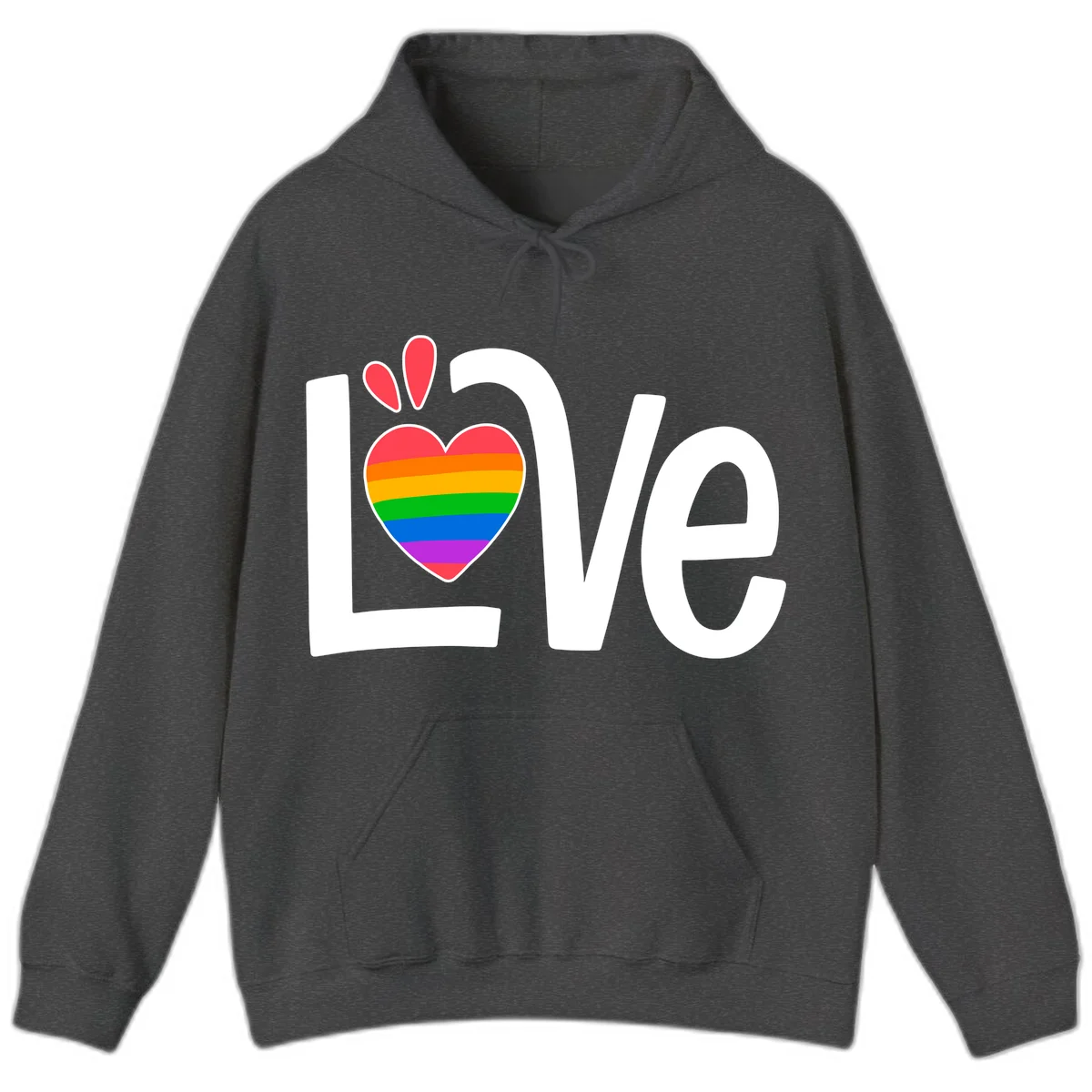 Love pride paw print design with rainbow-striped heart and white lettering on gray background in Dark Heather
