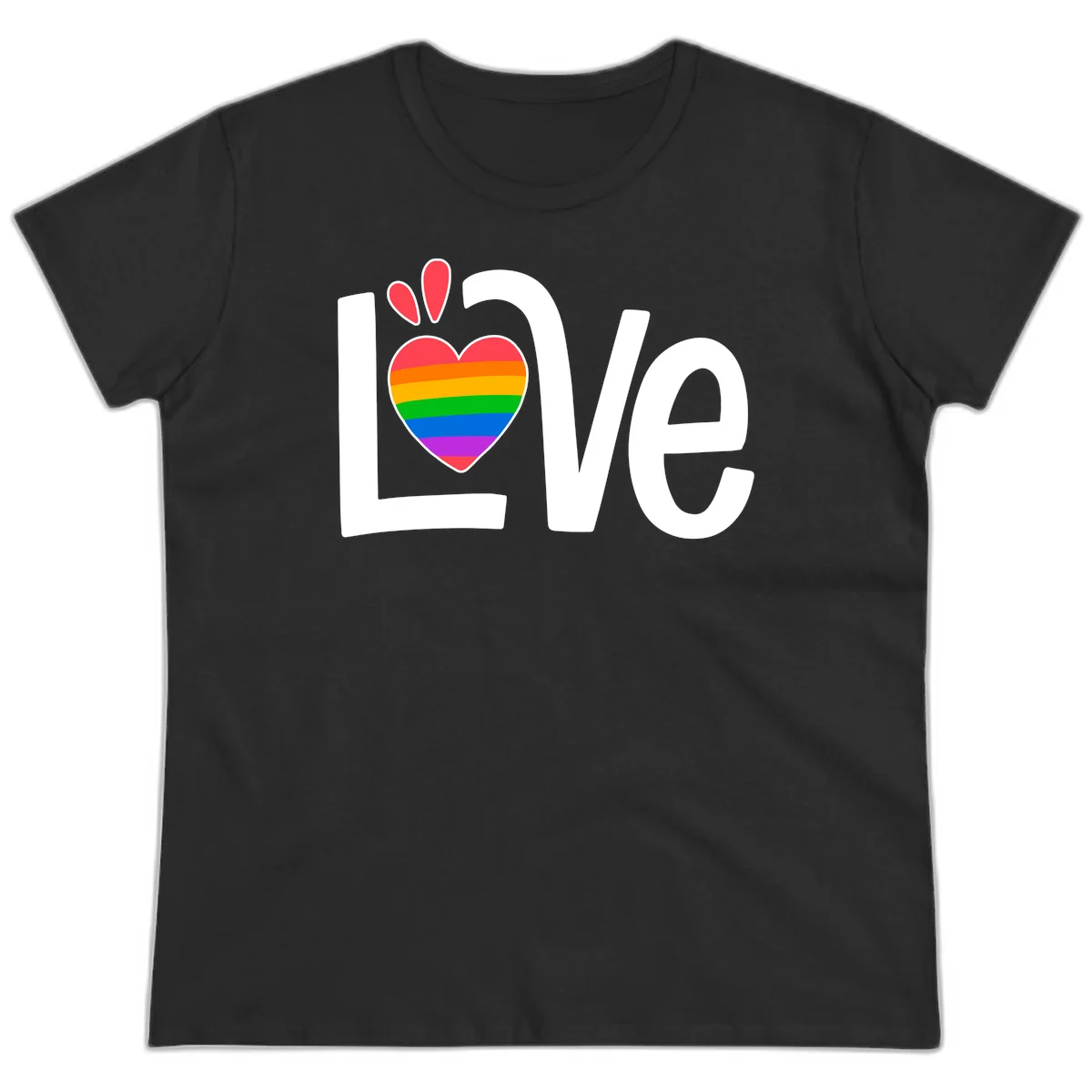 Love pride paw print design with rainbow-striped heart and white lettering on gray background in Black