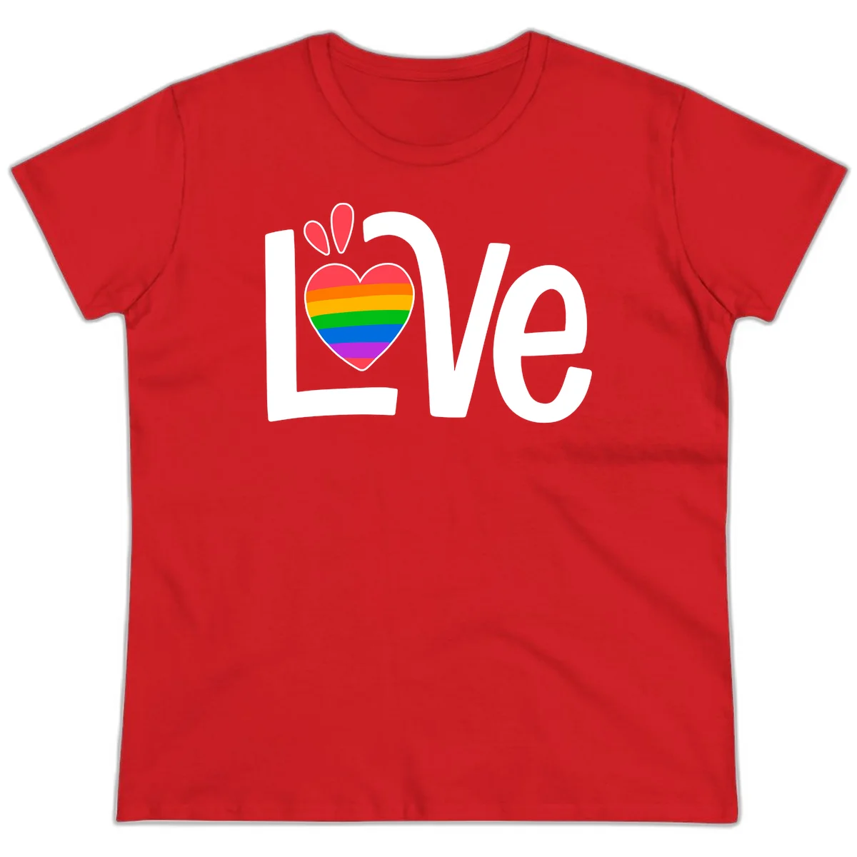 Love pride paw print design with rainbow-striped heart and white lettering on gray background in Red