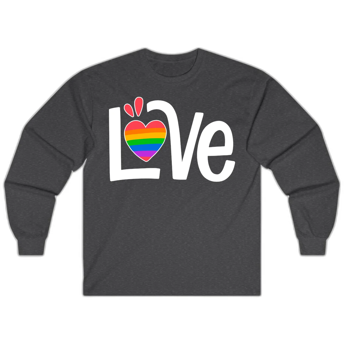 Love pride paw print design with rainbow-striped heart and white lettering on gray background in Dark Heather