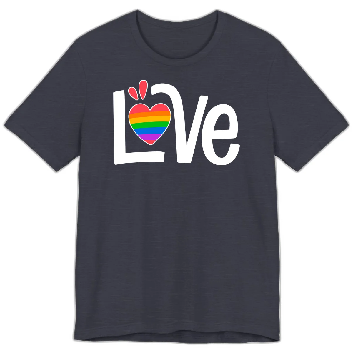 Love pride paw print design with rainbow-striped heart and white lettering on gray background in Heather Midnight Navy