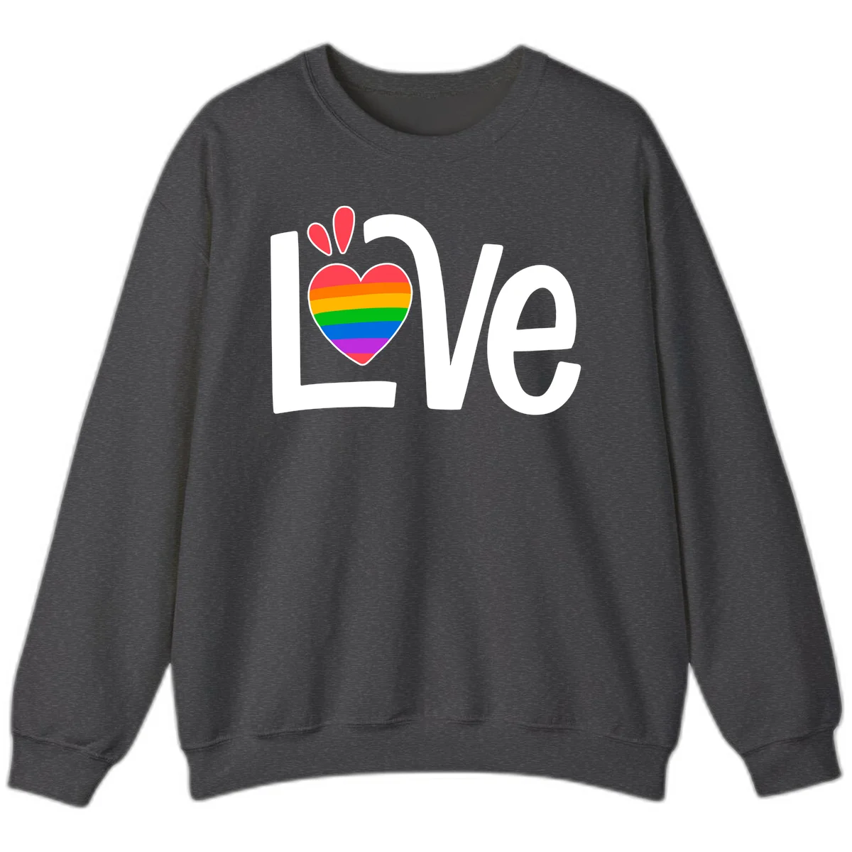 Love pride paw print design with rainbow-striped heart and white lettering on gray background in Dark Heather