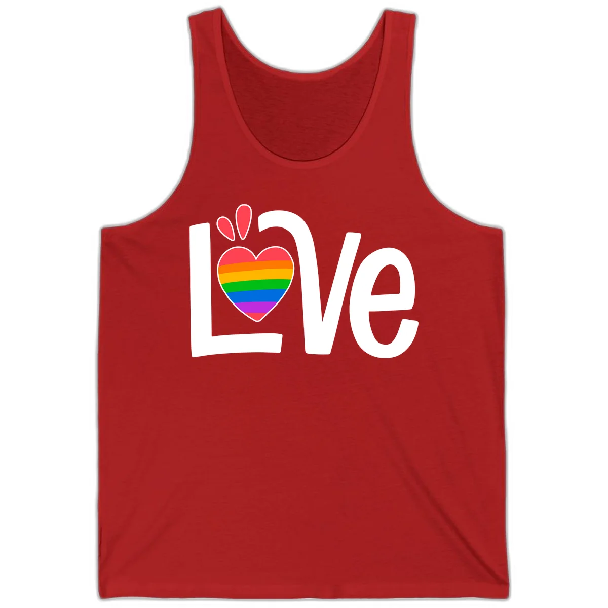 Love pride paw print design with rainbow-striped heart and white lettering on gray background in Red