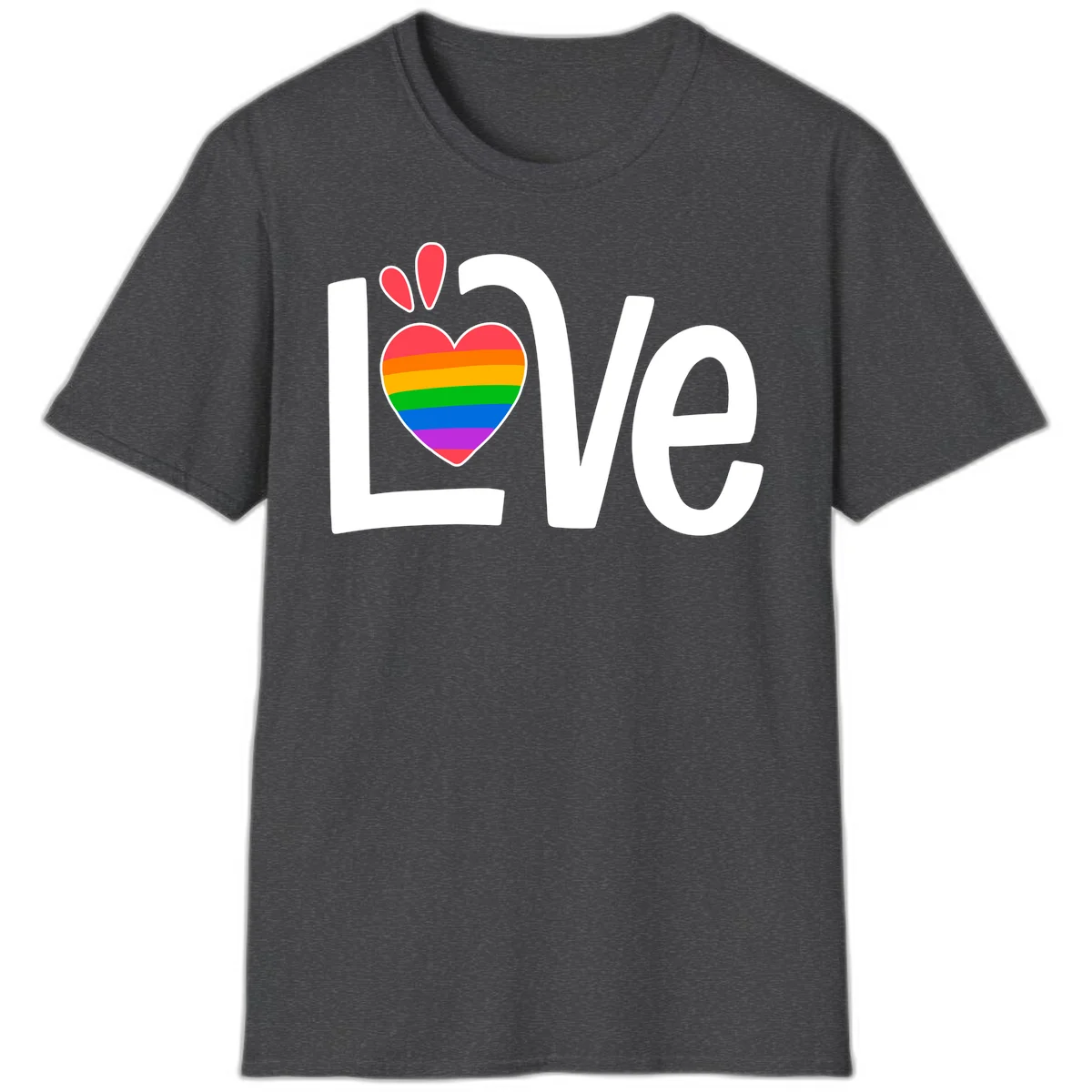 Love pride paw print design with rainbow-striped heart and white lettering on gray background in Dark Heather