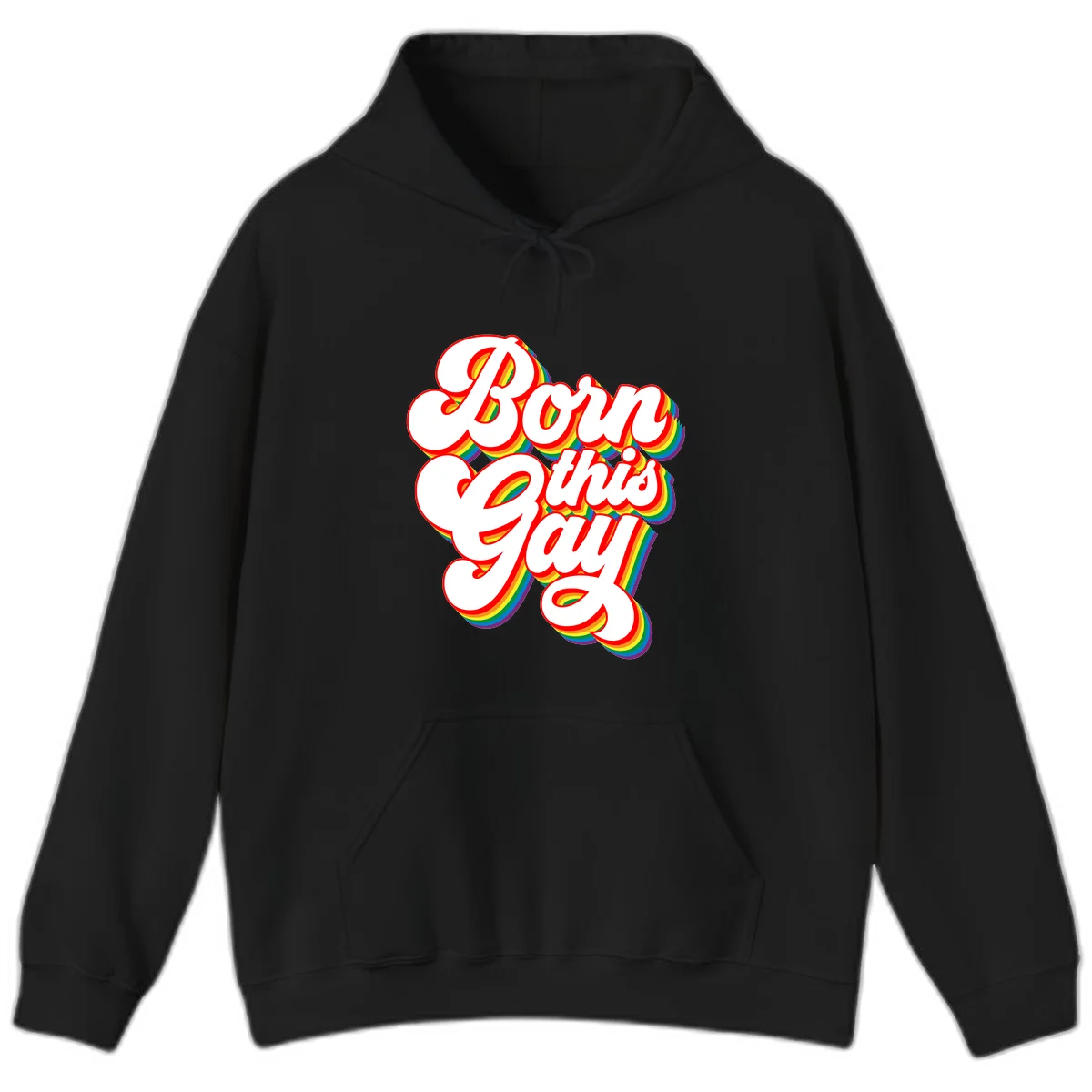 Born this gay pride design with white text outlined in red and filled with rainbow stripes on gray background in Black