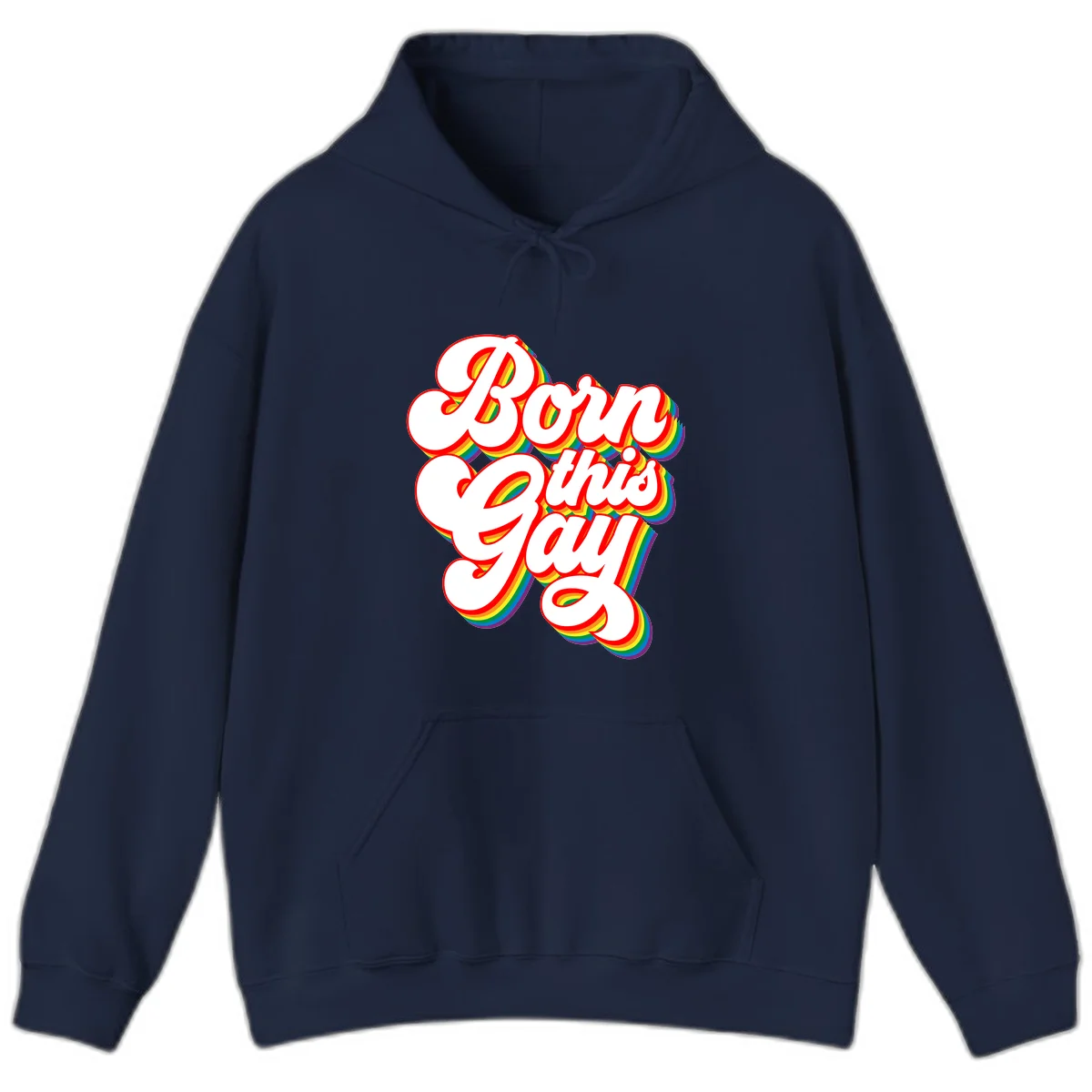 Born this gay pride design with white text outlined in red and filled with rainbow stripes on gray background in Navy
