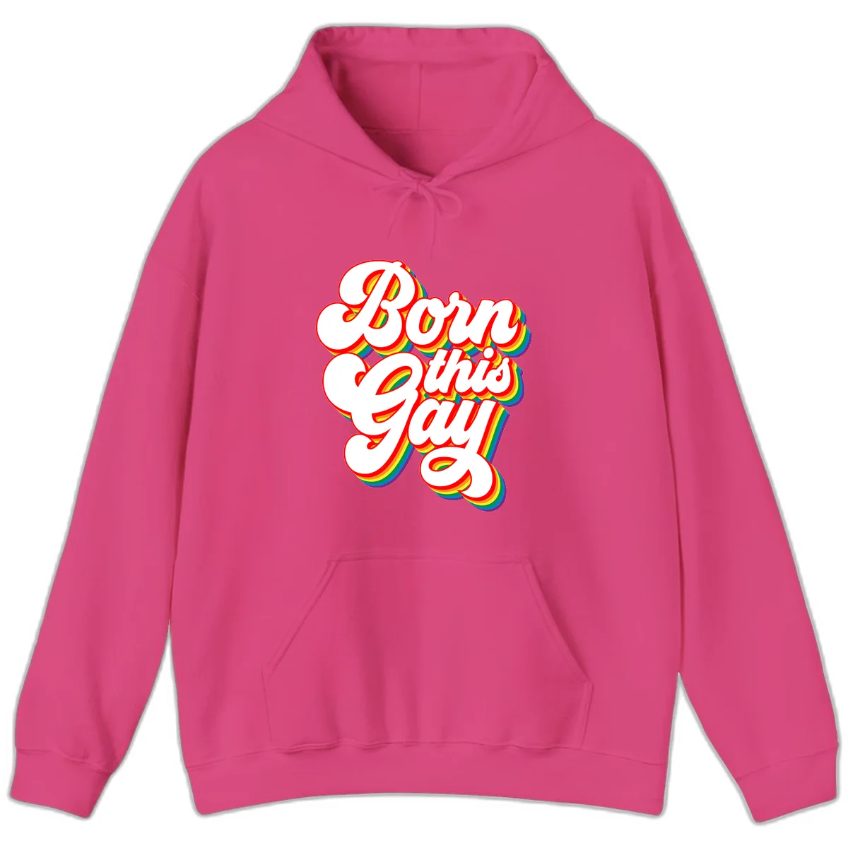 Born this gay pride design with white text outlined in red and filled with rainbow stripes on gray background in Heliconia