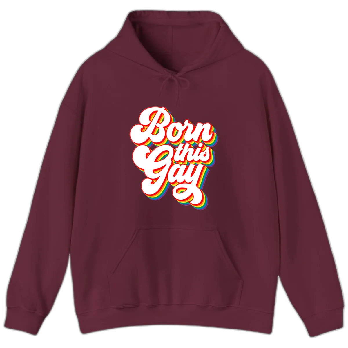 Born this gay pride design with white text outlined in red and filled with rainbow stripes on gray background in Maroon