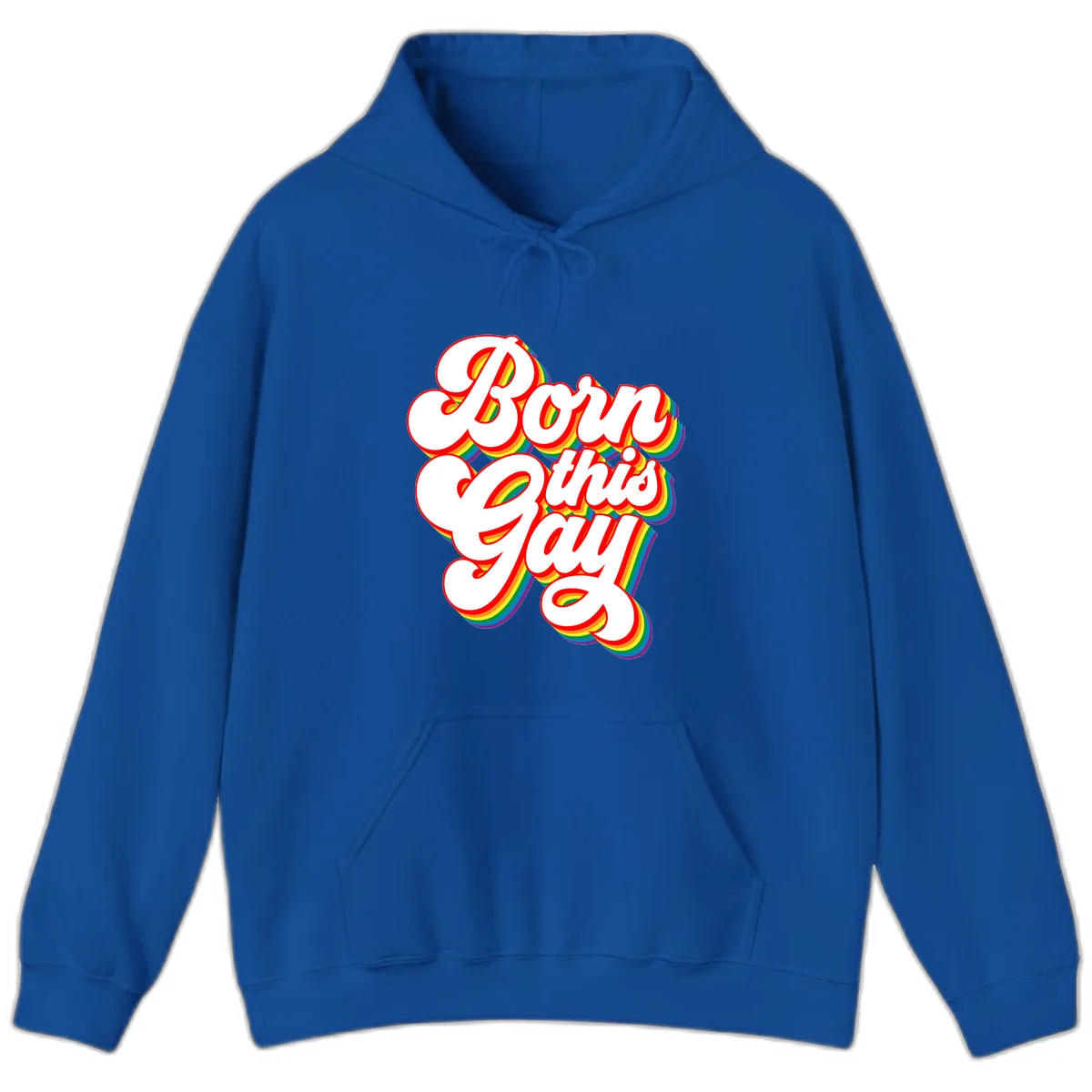 Born this gay pride design with white text outlined in red and filled with rainbow stripes on gray background in Royal