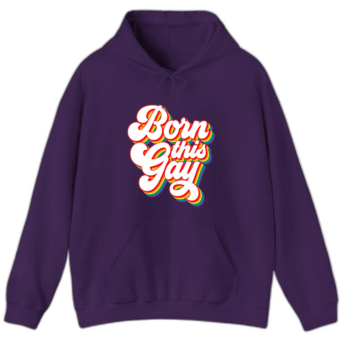 Born this gay pride design with white text outlined in red and filled with rainbow stripes on gray background in Purple