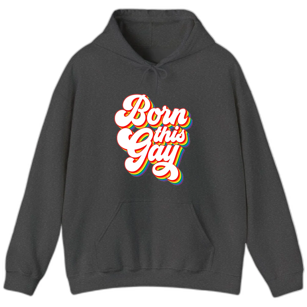 Born this gay pride design with white text outlined in red and filled with rainbow stripes on gray background in Dark Heather