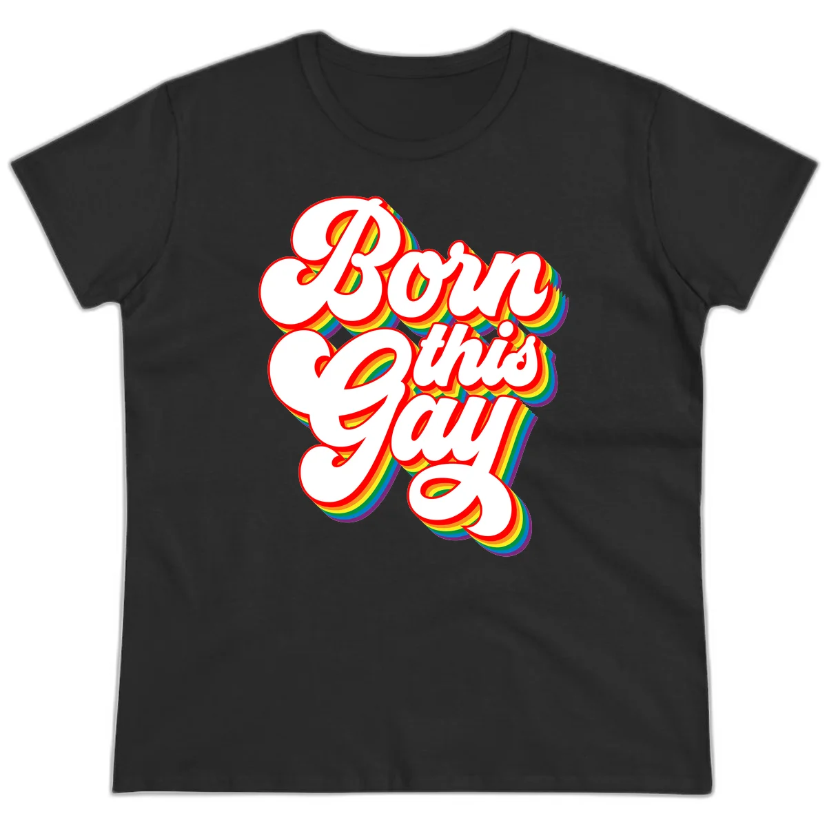 Born this gay pride design with white text outlined in red and filled with rainbow stripes on gray background in Black