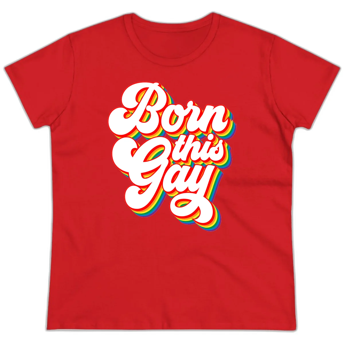 Born this gay pride design with white text outlined in red and filled with rainbow stripes on gray background in Red